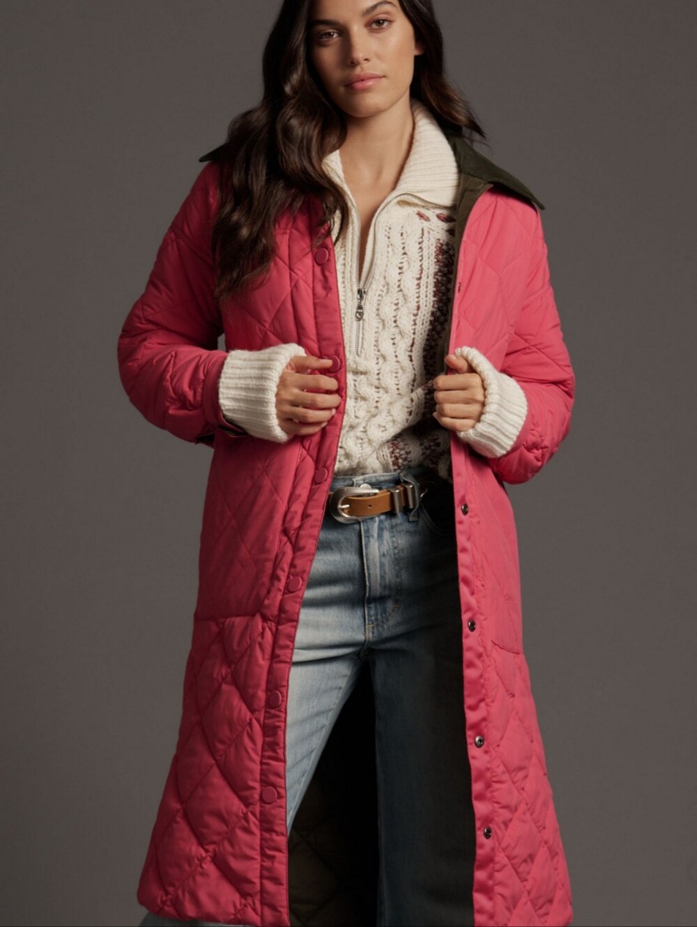 Anthropologie NVLT Quilted Long Coat in Hot Pink/Olive Green Reversible Medium